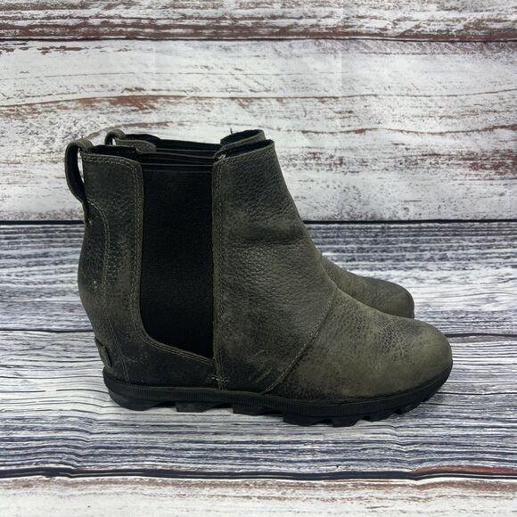 Sorel Joan Of Arctic Wedge II Chelsea Ankle Boots Quarry Black Leather, Size 10 - Picture 1 of 9